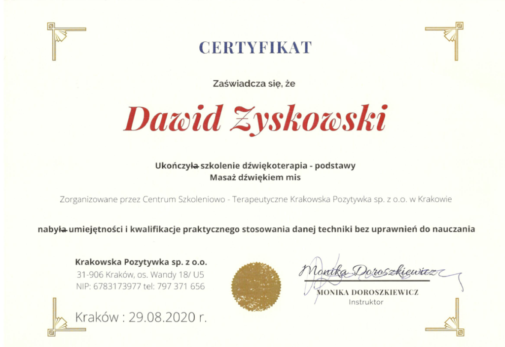 Certyfikat Dawid Zyskowski